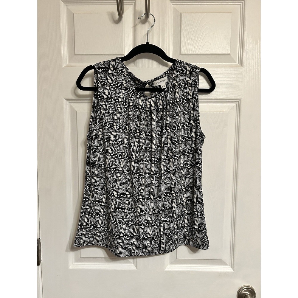 Calvin Klein Printed Black/ White Pleated Women's Size L Pleated Crew Neck Cami